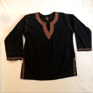 Black cotton tunic w/ orange embroidery